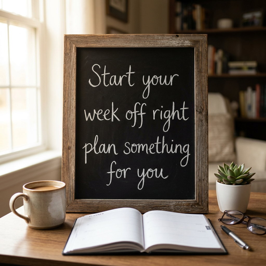Chalkboard with message 'Start your week off right plan something for you'