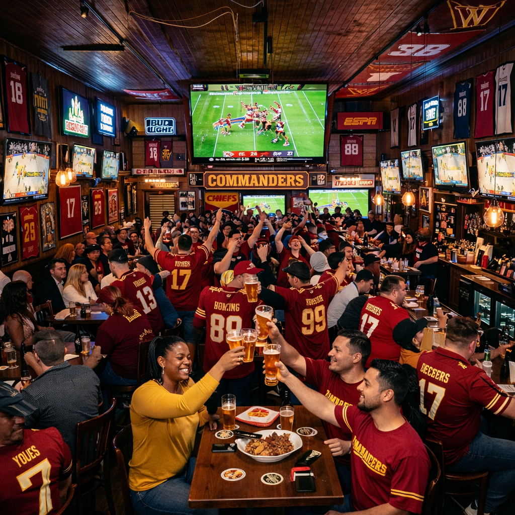 Crowd of sports fans watching football on multiple screens at a packed bar